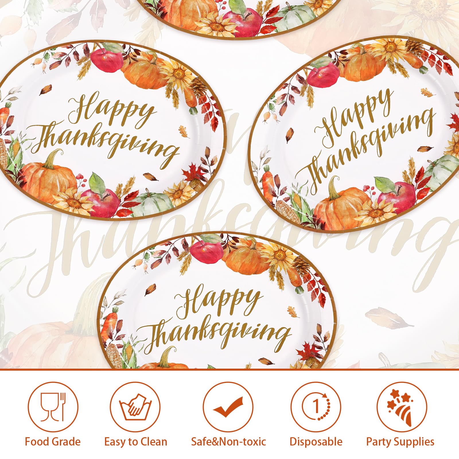 50Pcs Fall Apple Pumpkin Oval Paper Plates - Grencian
