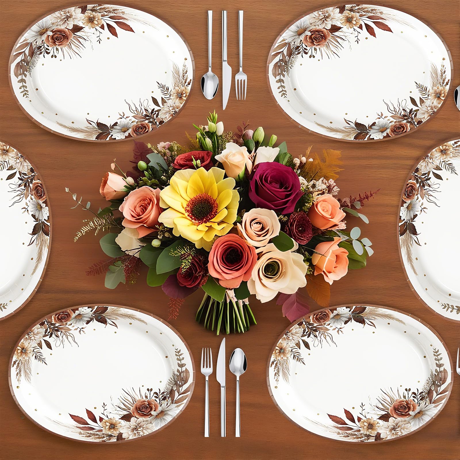 50Pcs Fall Boho Floral Oval Paper Plates - Grencian
