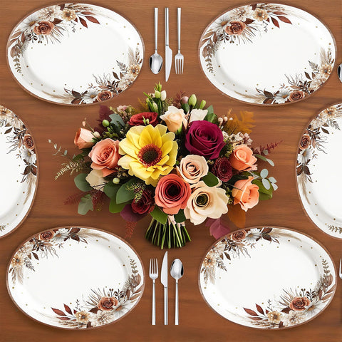 50Pcs Fall Boho Floral Oval Paper Plates - Grencian