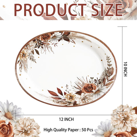 50Pcs Fall Boho Floral Oval Paper Plates - Grencian