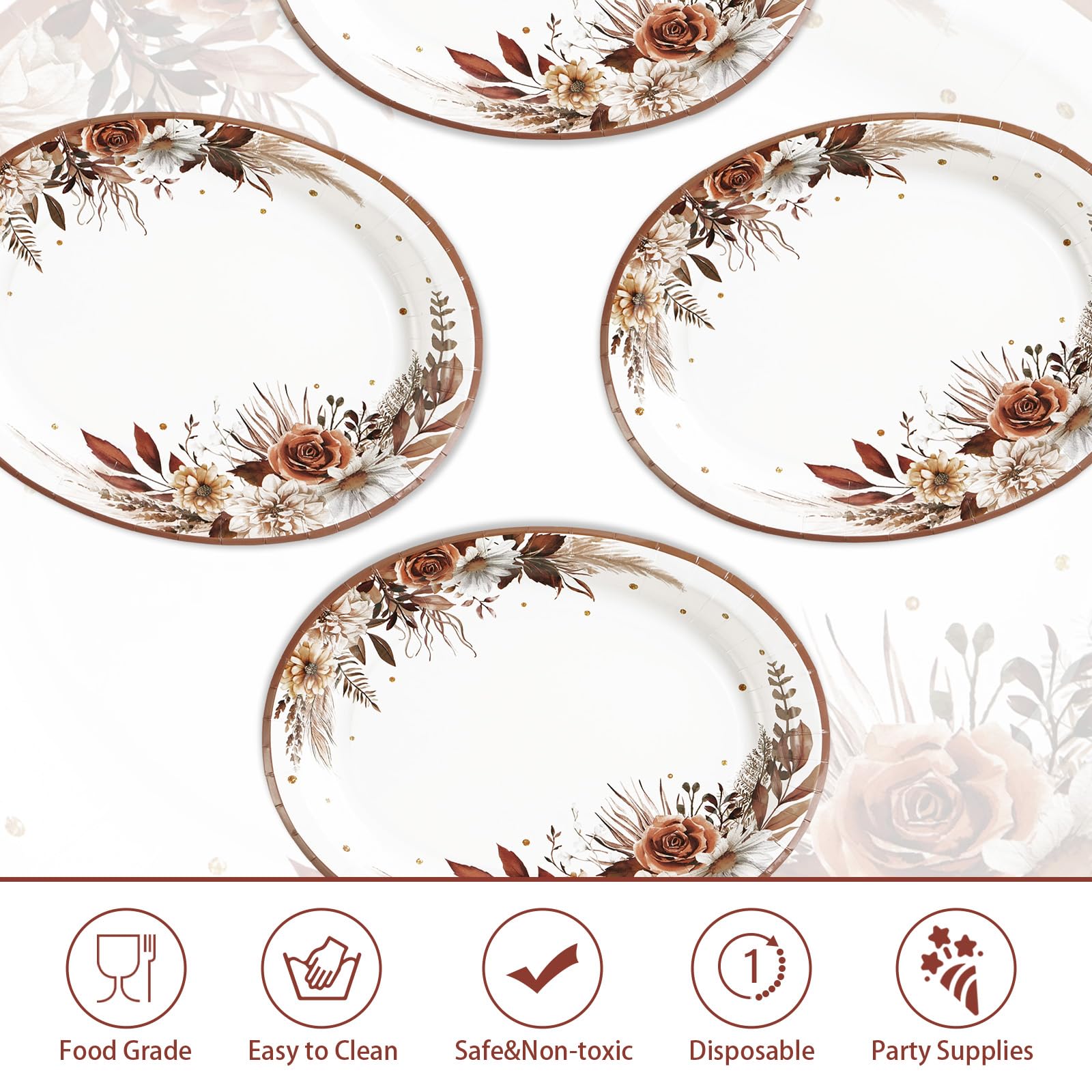 50Pcs Fall Boho Floral Oval Paper Plates - Grencian
