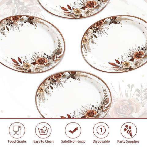 50Pcs Fall Boho Floral Oval Paper Plates - Grencian