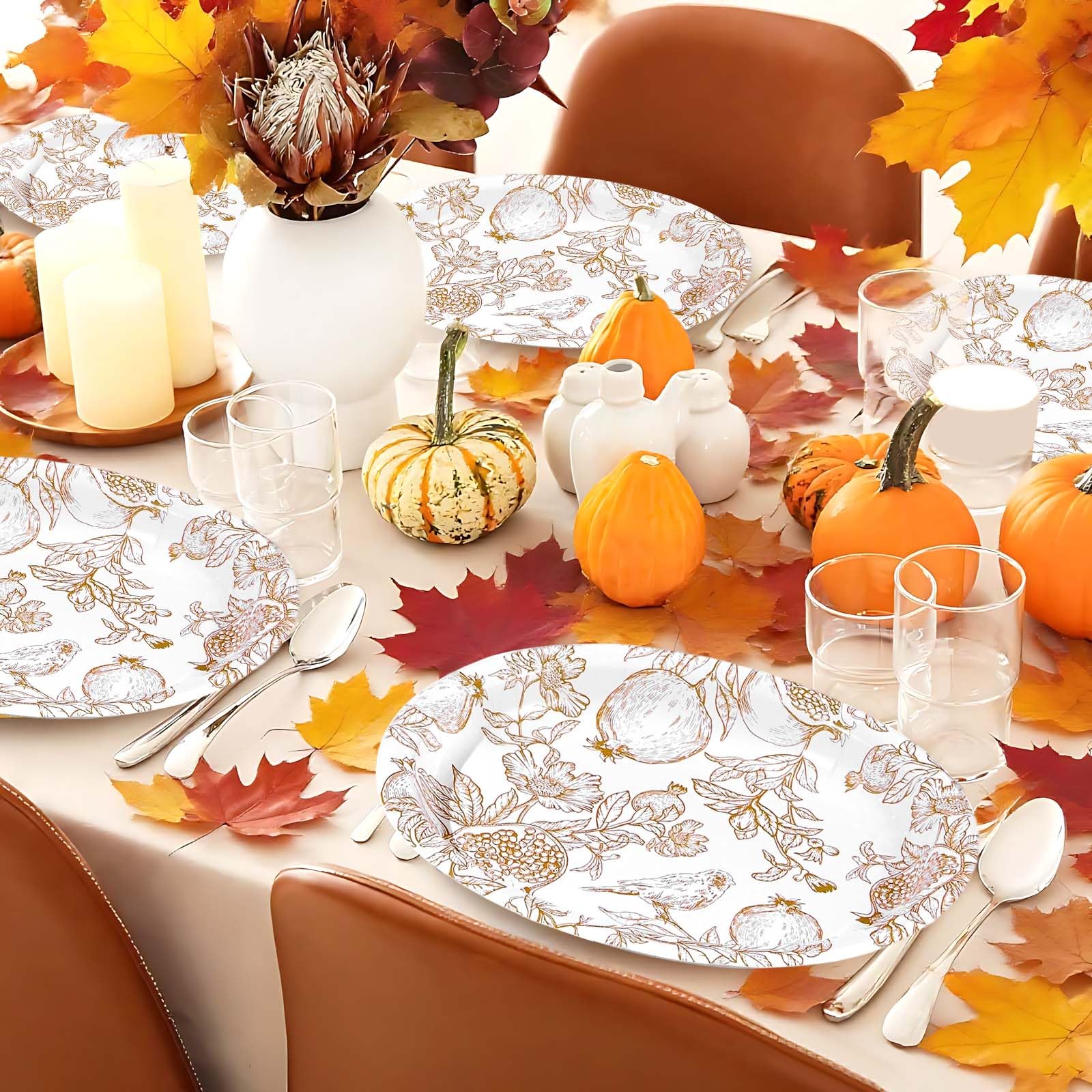50Pcs Fall Brown Pomegranate Oval Paper Plates - Grencian