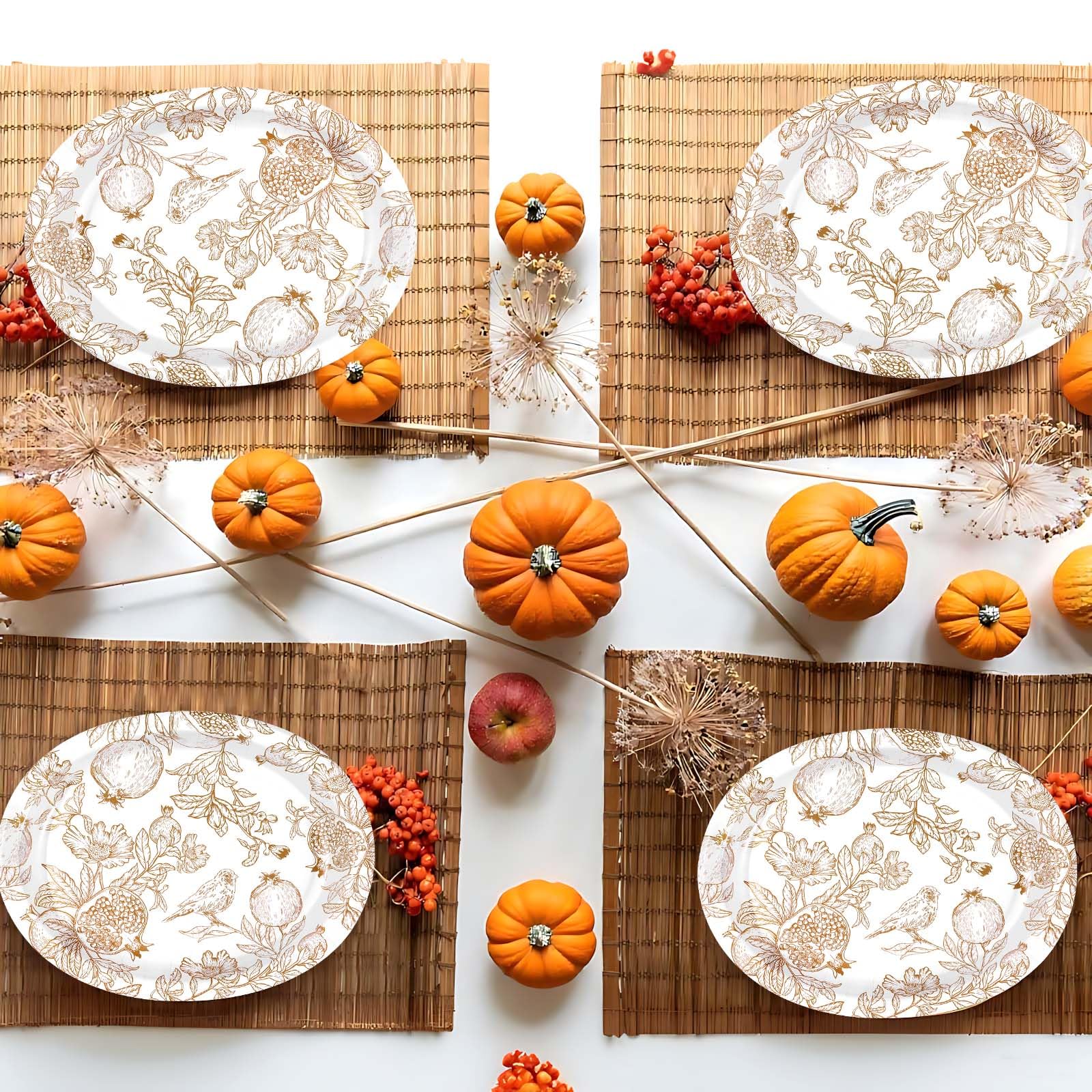 50Pcs Fall Brown Pomegranate Oval Paper Plates - Grencian