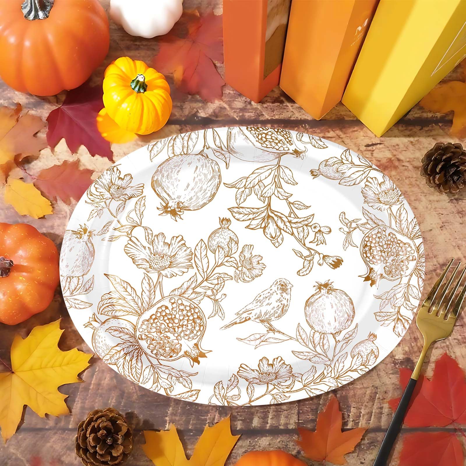 50Pcs Fall Brown Pomegranate Oval Paper Plates - Grencian