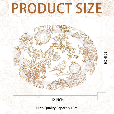 50Pcs Fall Brown Pomegranate Oval Paper Plates - Grencian