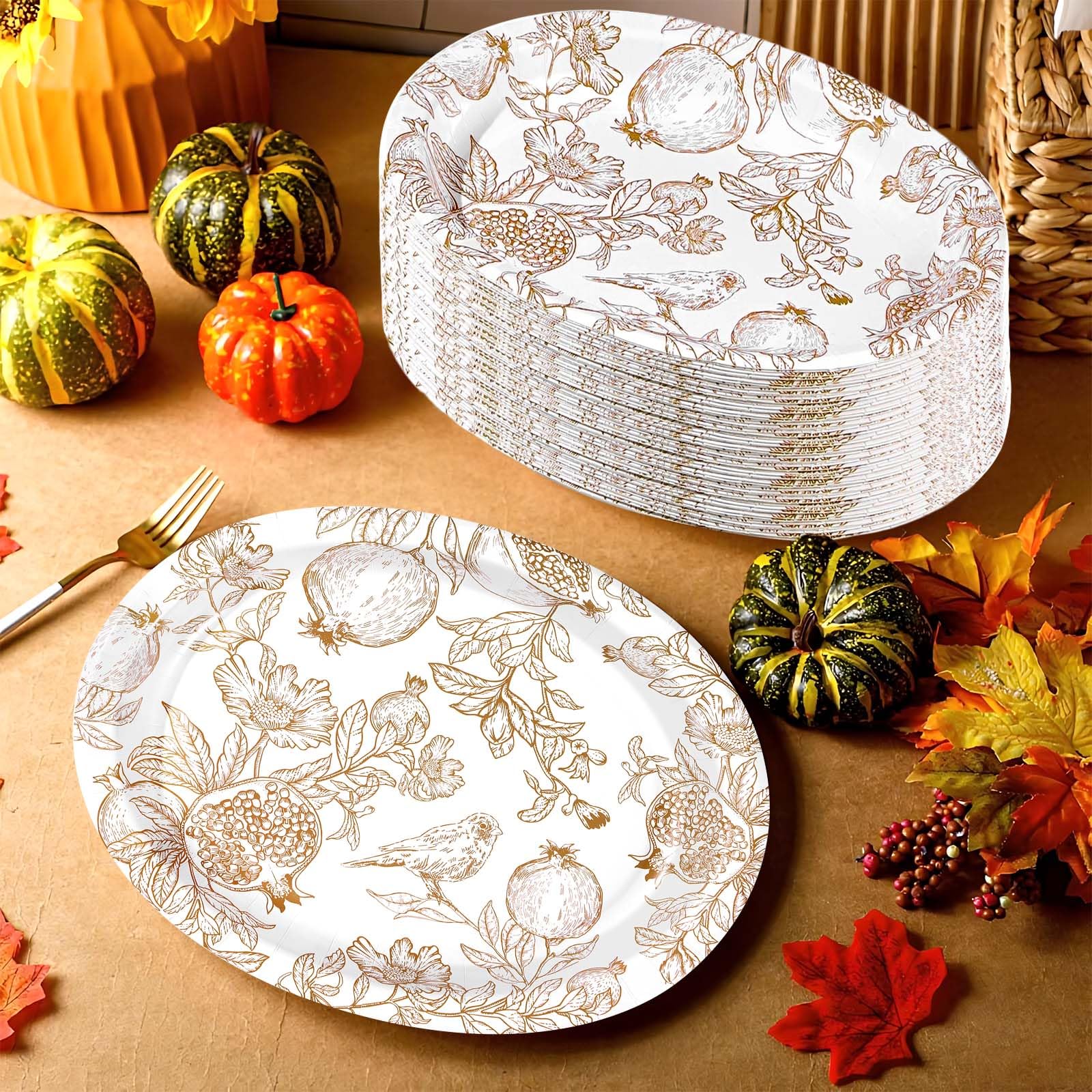 50Pcs Fall Brown Pomegranate Oval Paper Plates - Grencian