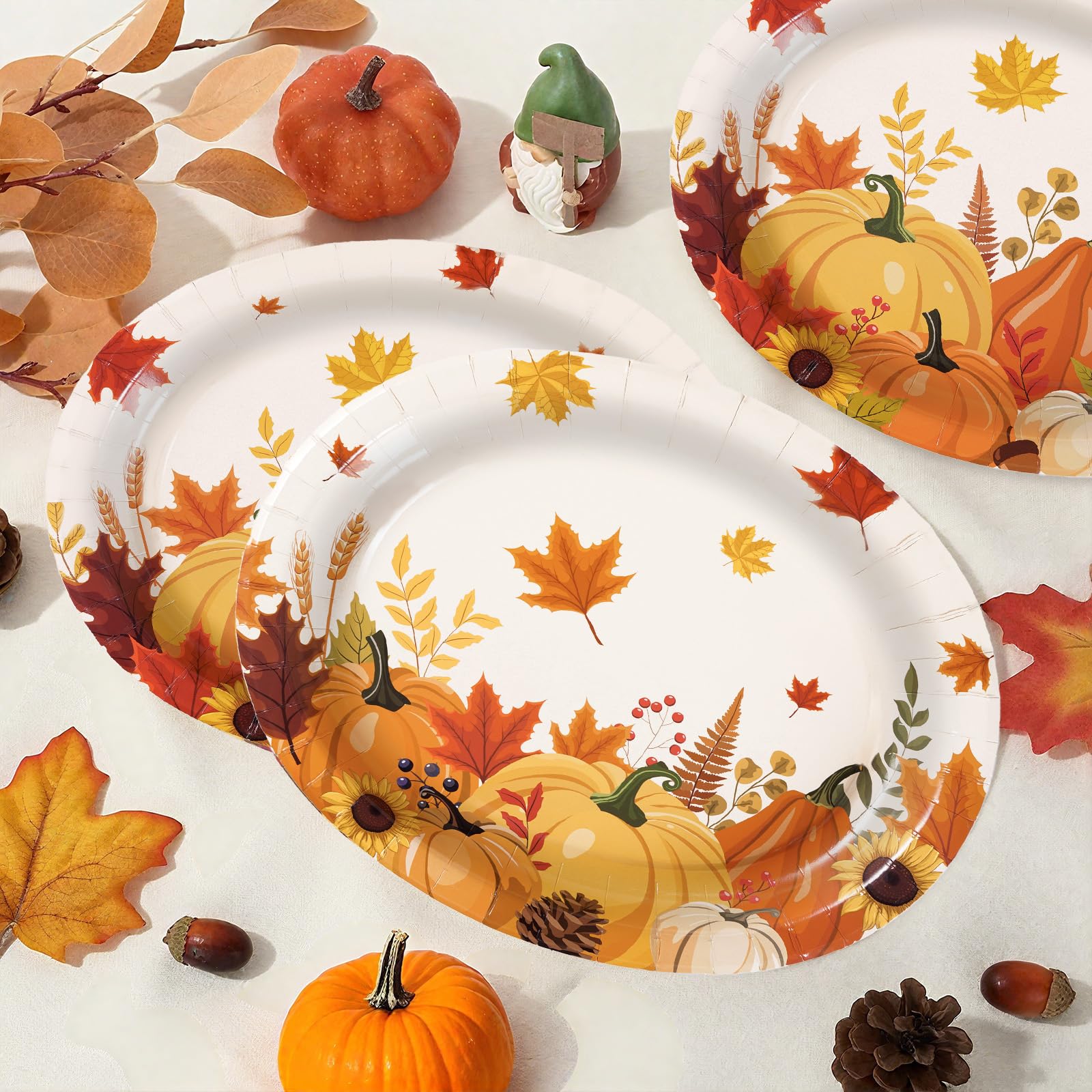50Pcs Fall Cartoon Pumpkin Oval Paper Plates - Grencian