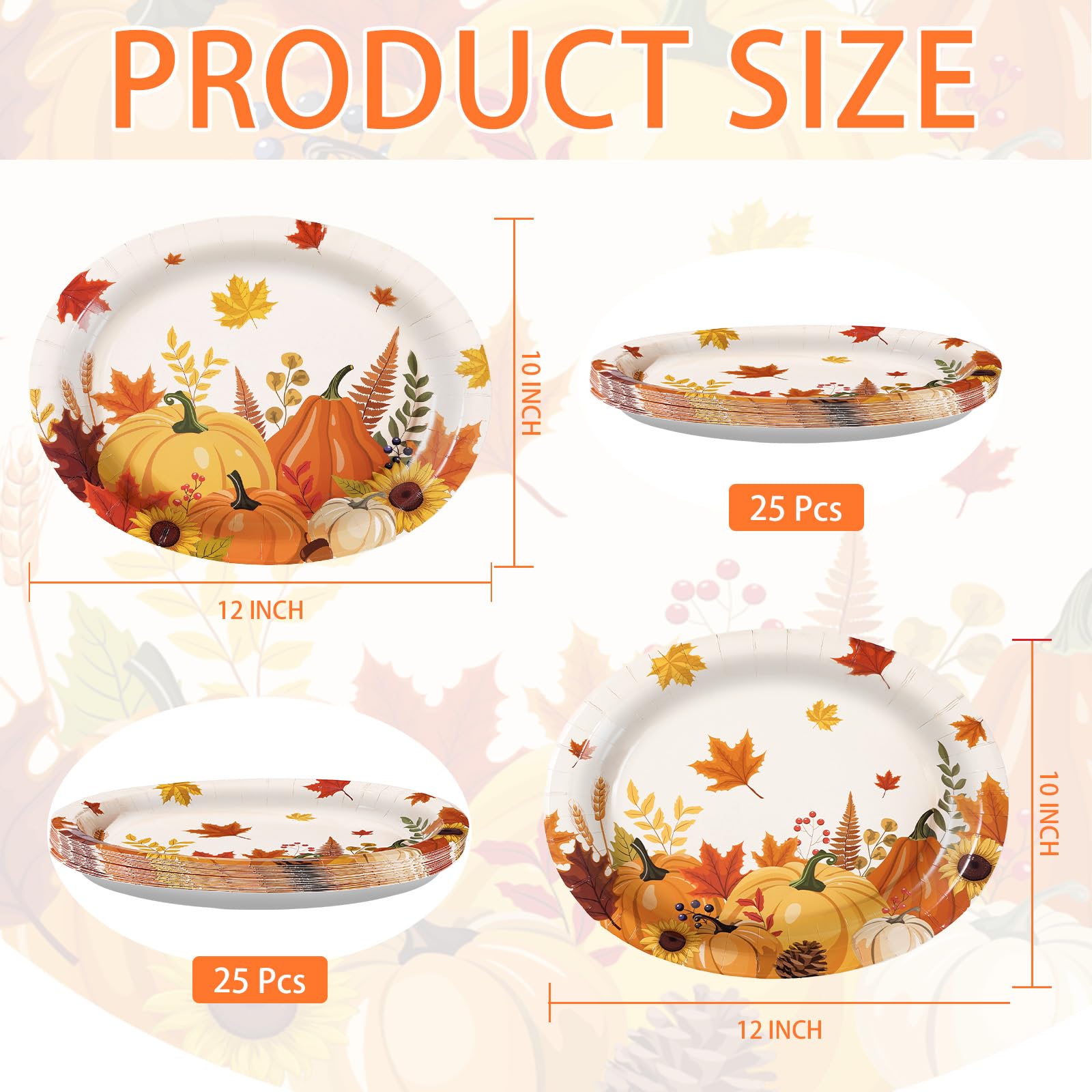 50Pcs Fall Cartoon Pumpkin Oval Paper Plates - Grencian