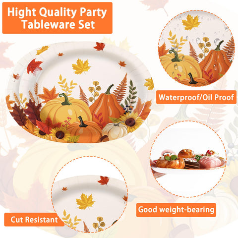 50Pcs Fall Cartoon Pumpkin Oval Paper Plates - Grencian