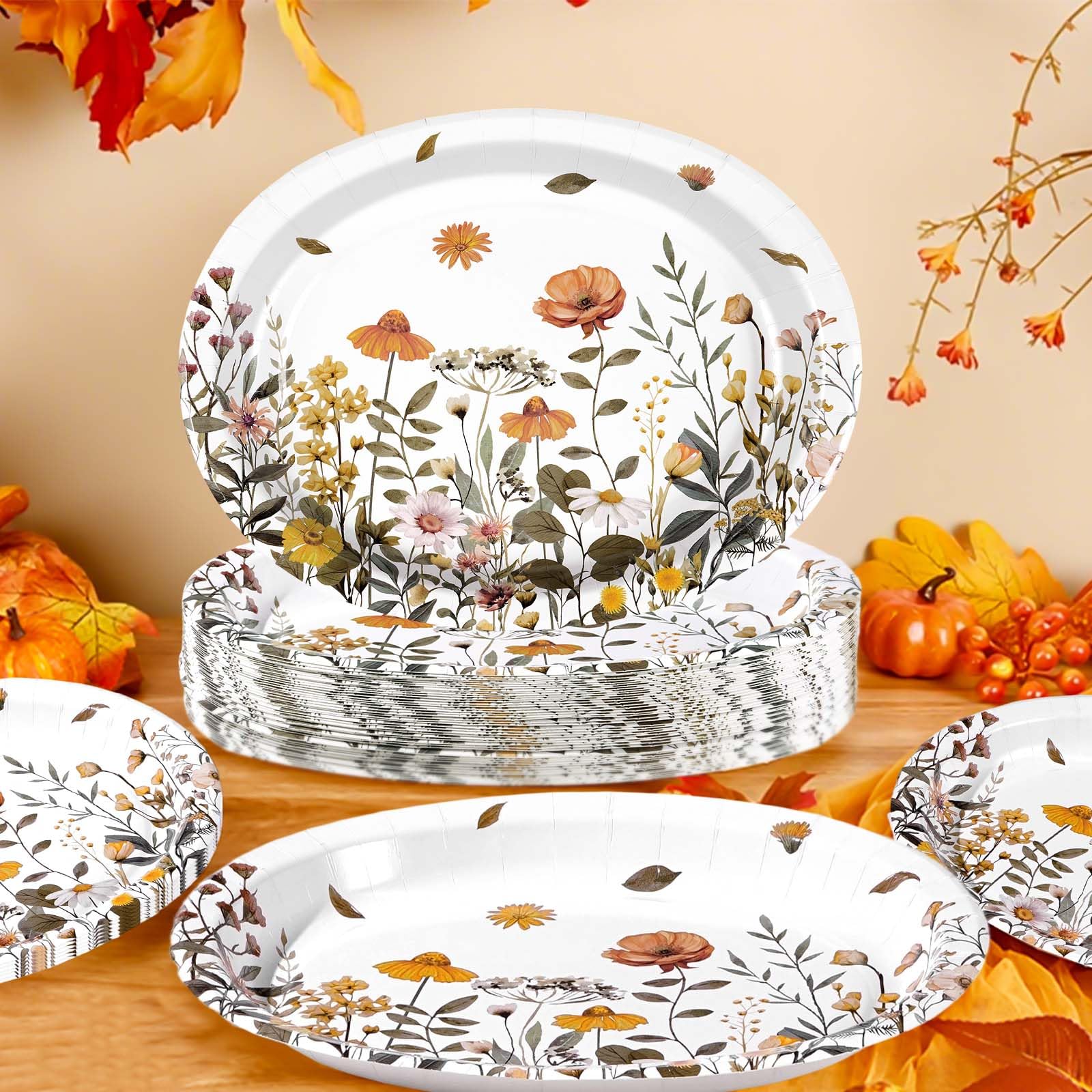 50Pcs Fall Flowers Oval Paper Plates - Grencian