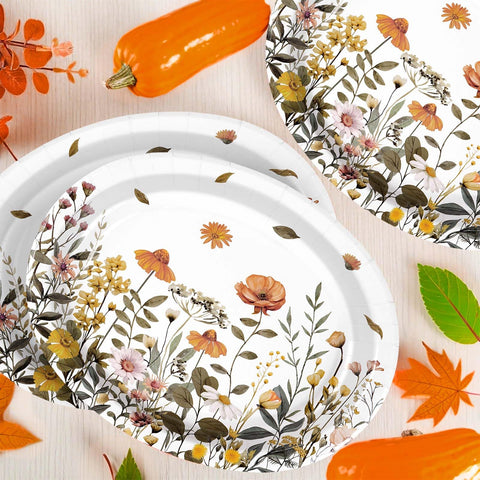 50Pcs Fall Flowers Oval Paper Plates - Grencian