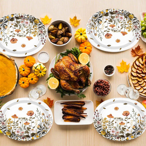 50Pcs Fall Flowers Oval Paper Plates - Grencian