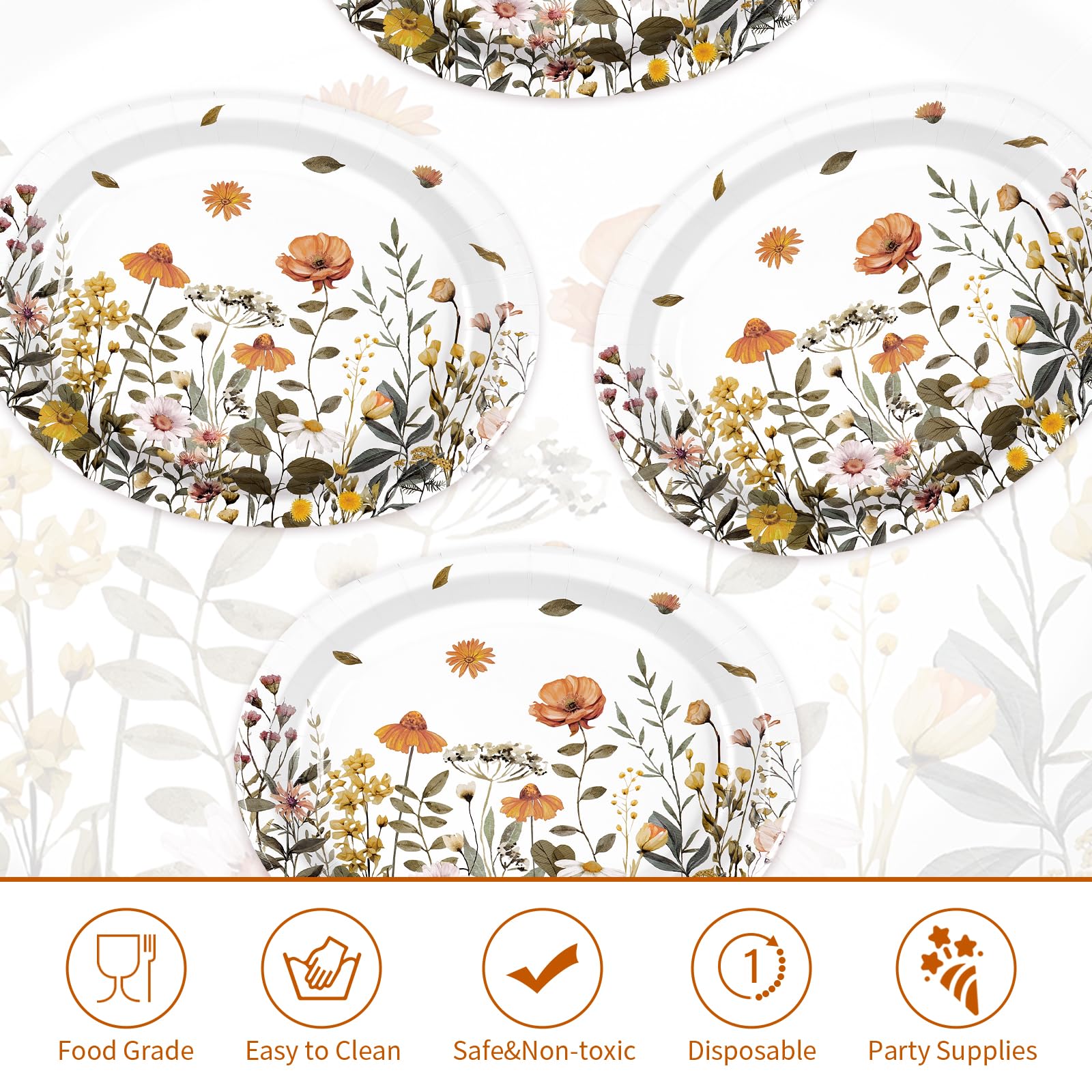 50Pcs Fall Flowers Oval Paper Plates - Grencian