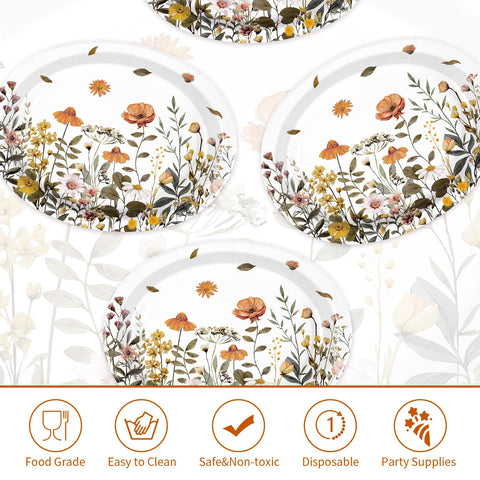 50Pcs Fall Flowers Oval Paper Plates - Grencian