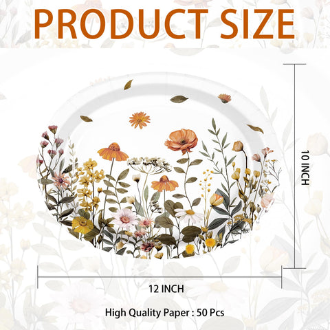 50Pcs Fall Flowers Oval Paper Plates - Grencian