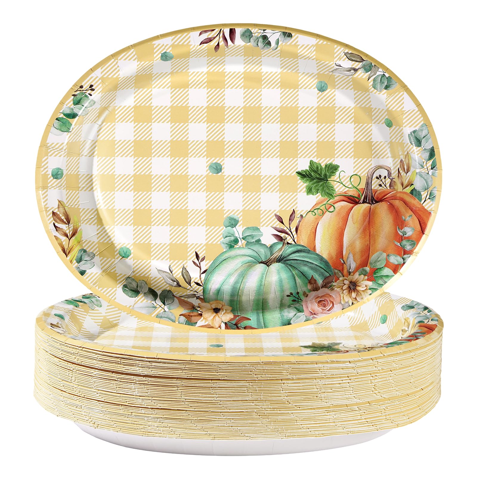50Pcs Fall Gingham Pumpkin Oval Paper Plates - Grencian