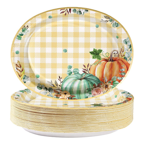 50Pcs Fall Gingham Pumpkin Oval Paper Plates - Grencian