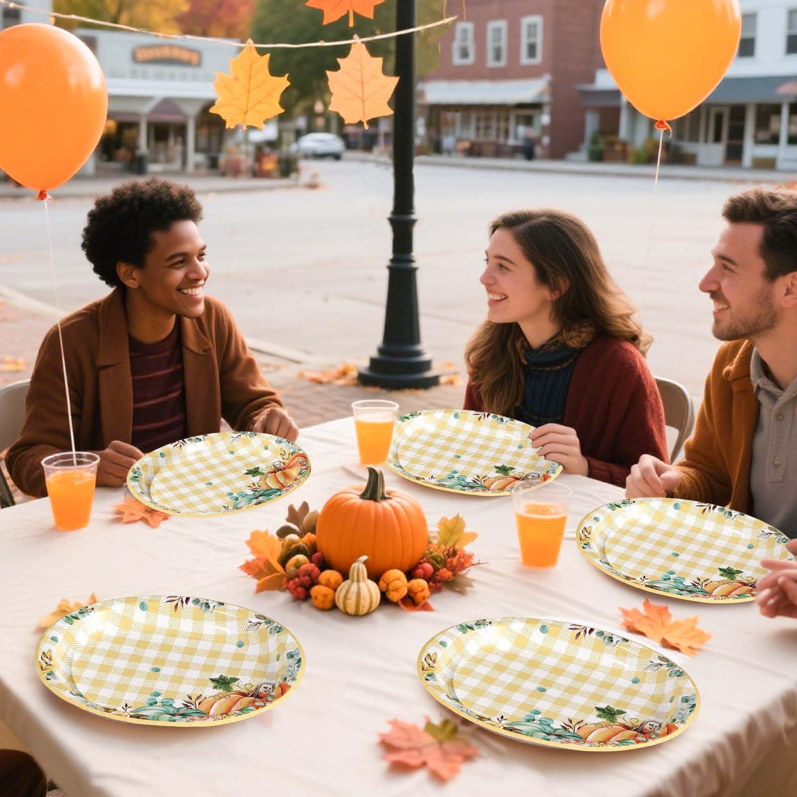 50Pcs Fall Gingham Pumpkin Oval Paper Plates - Grencian