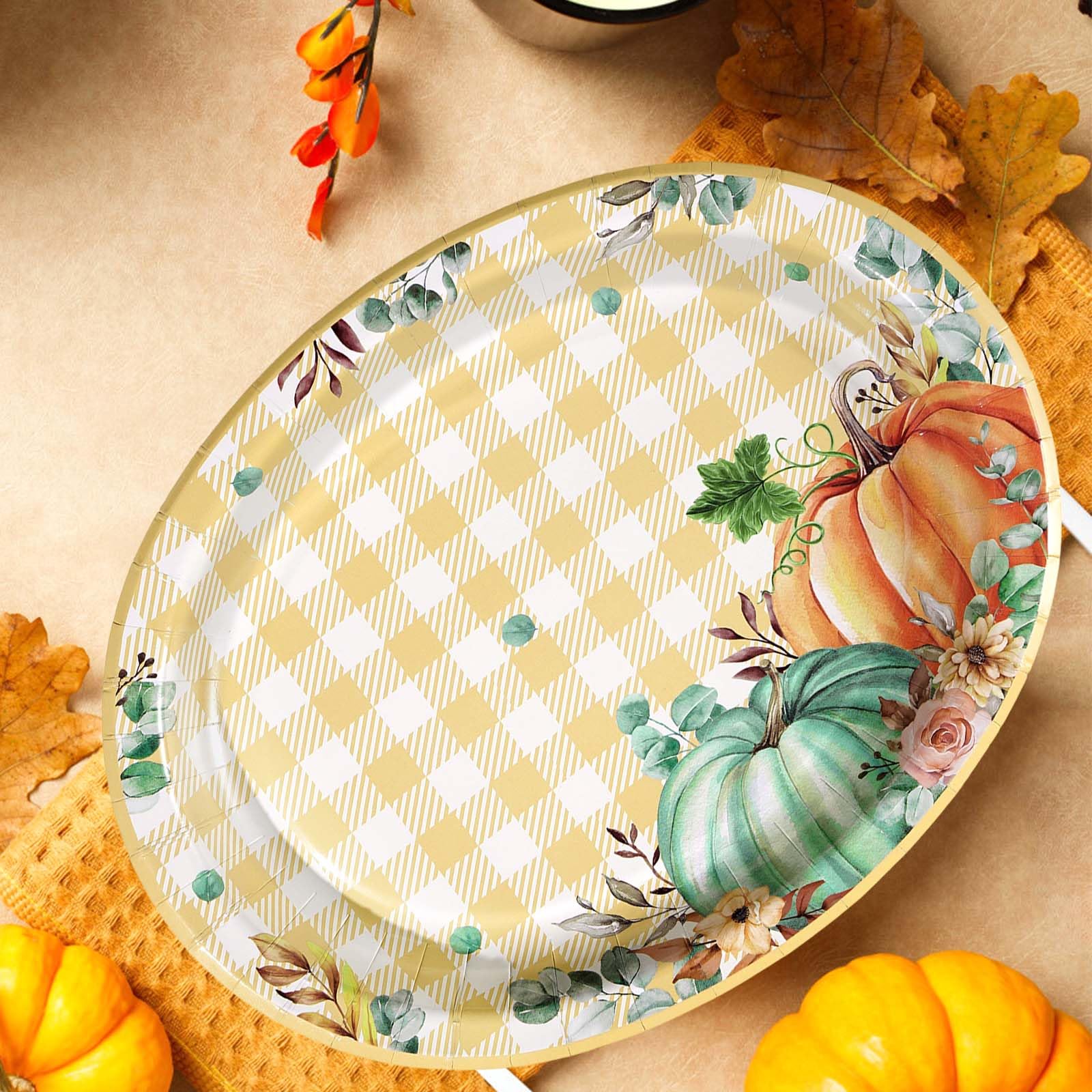 50Pcs Fall Gingham Pumpkin Oval Paper Plates - Grencian
