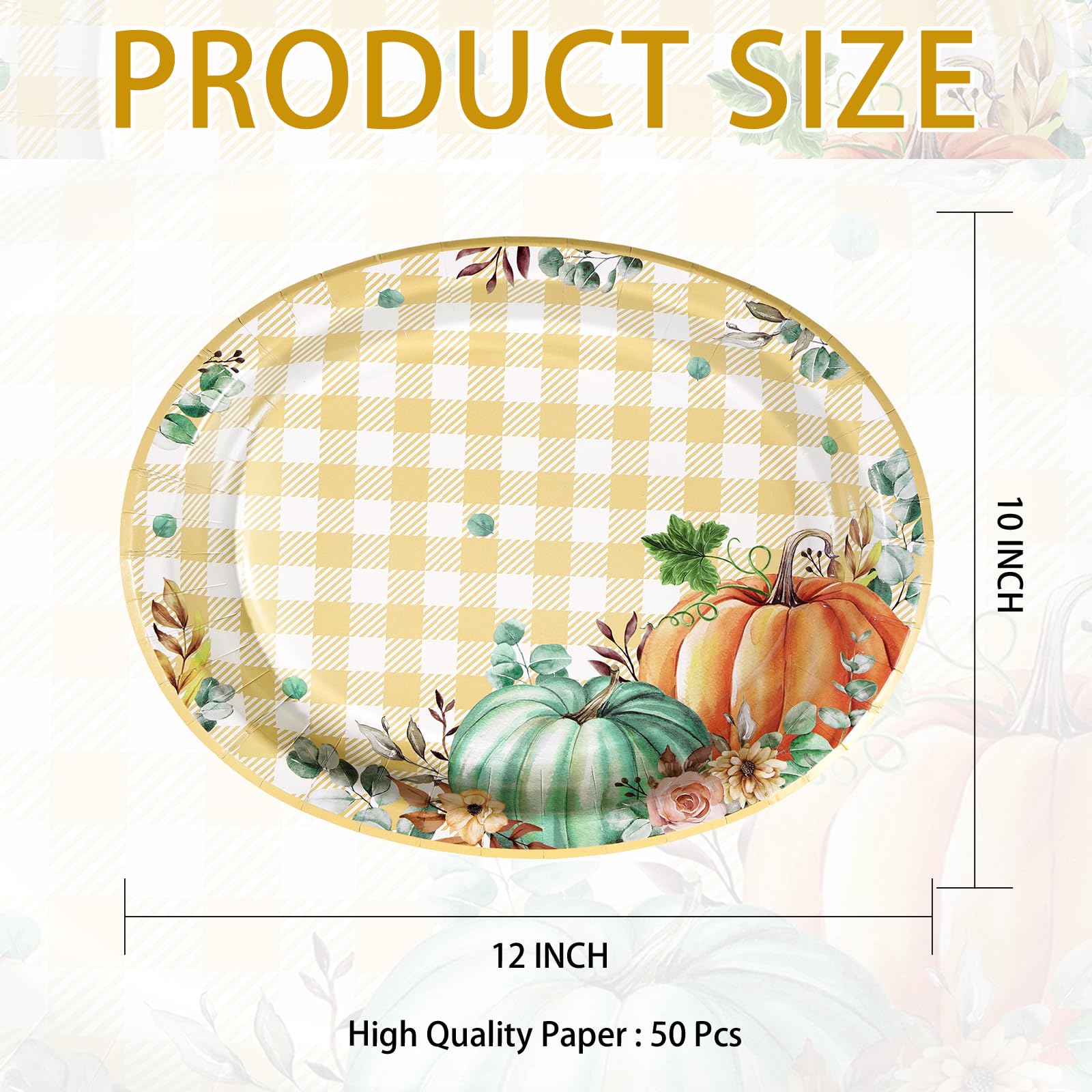 50Pcs Fall Gingham Pumpkin Oval Paper Plates - Grencian