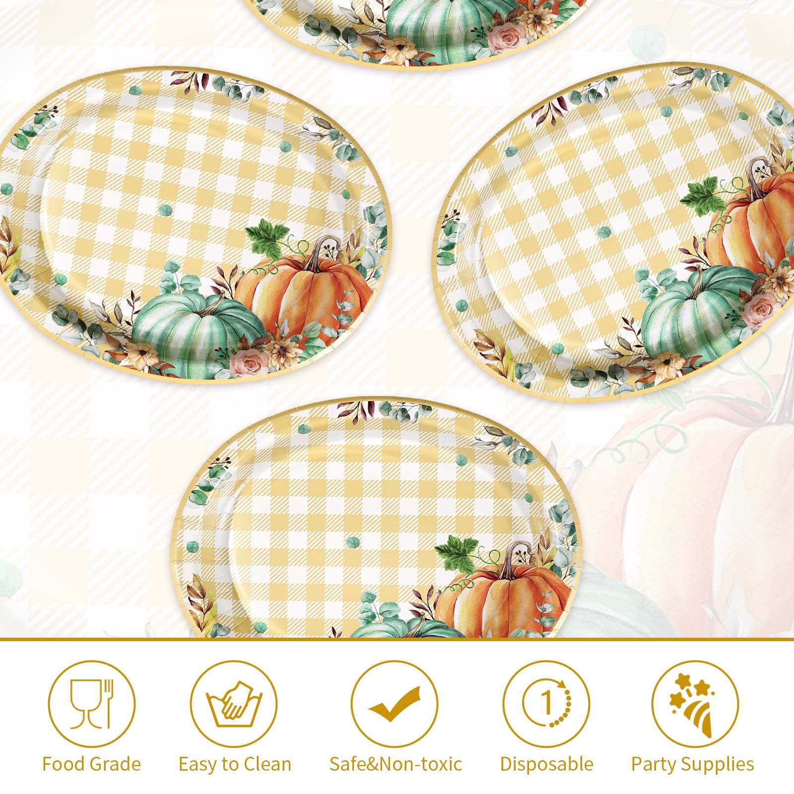 50Pcs Fall Gingham Pumpkin Oval Paper Plates - Grencian