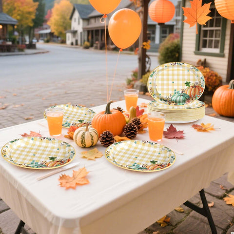 50Pcs Fall Gingham Pumpkin Oval Paper Plates - Grencian
