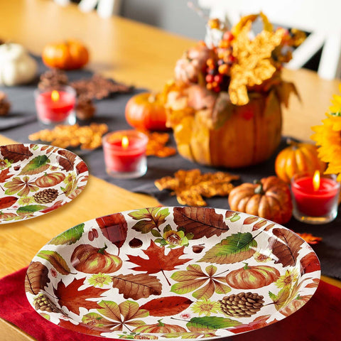 50Pcs Fall Leaves Pumpkin Oval Paper Plates - Grencian