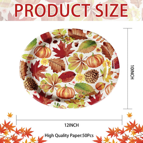 50Pcs Fall Leaves Pumpkin Oval Paper Plates - Grencian