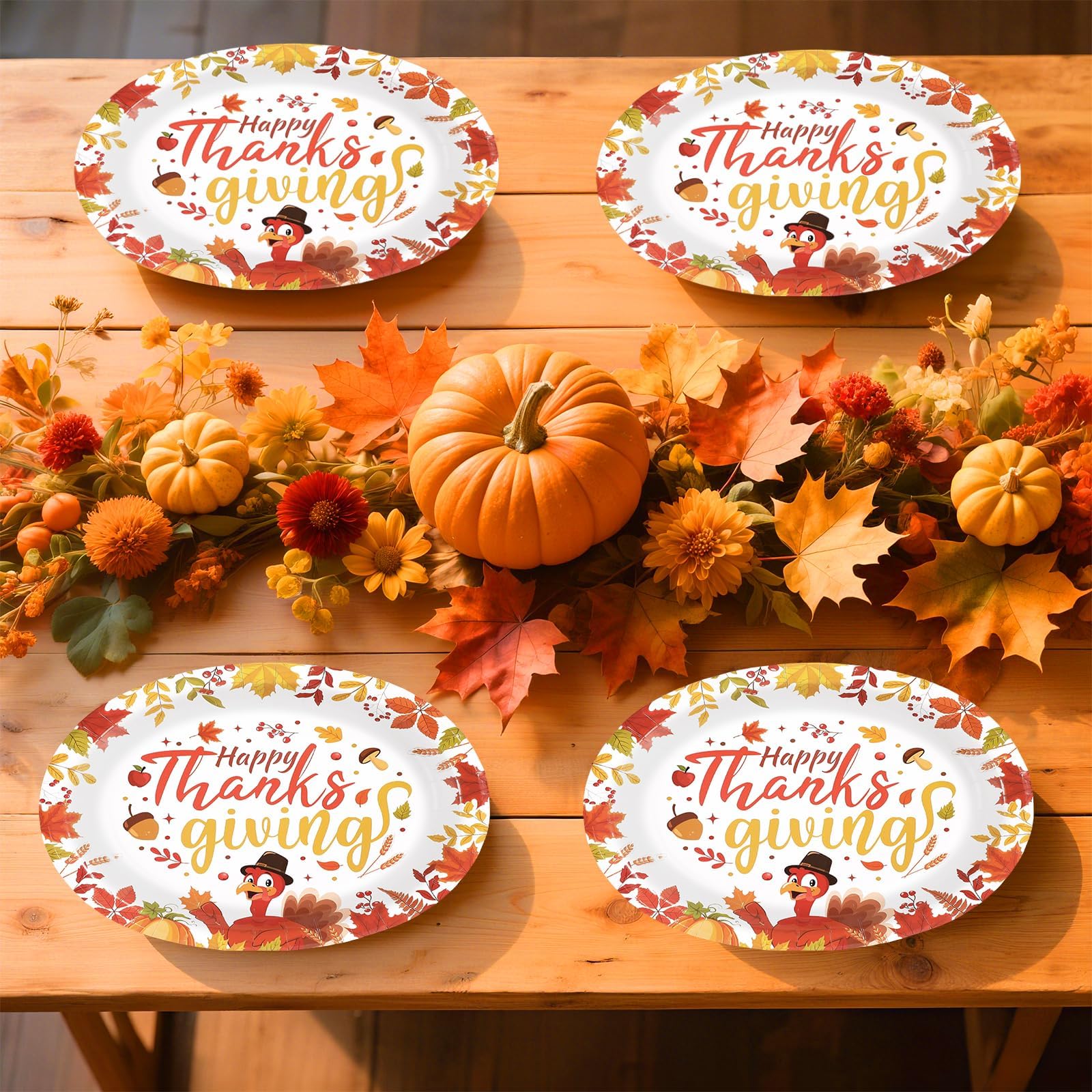 50Pcs Fall Leaves Turkey Oval Paper Plates - Grencian