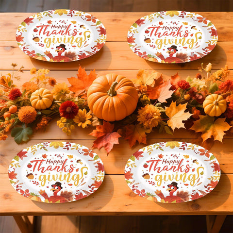 50Pcs Fall Leaves Turkey Oval Paper Plates - Grencian
