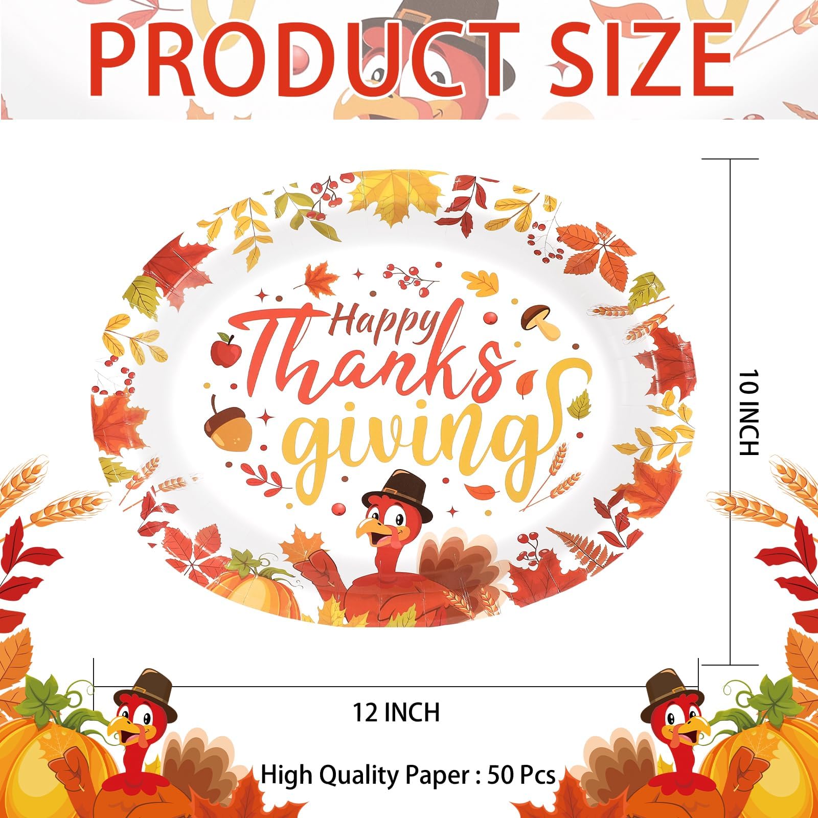 50Pcs Fall Leaves Turkey Oval Paper Plates - Grencian