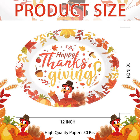 50Pcs Fall Leaves Turkey Oval Paper Plates - Grencian