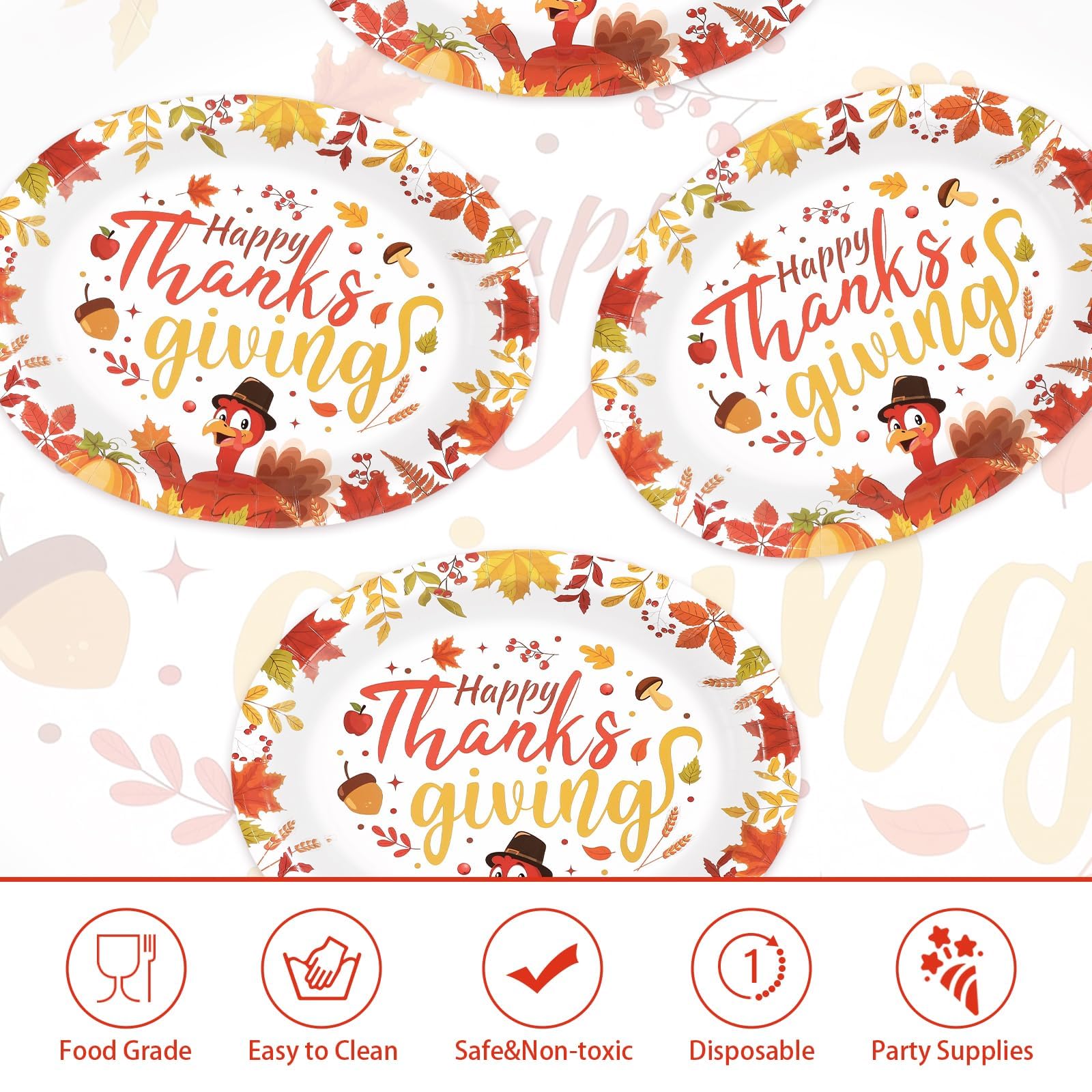 50Pcs Fall Leaves Turkey Oval Paper Plates - Grencian