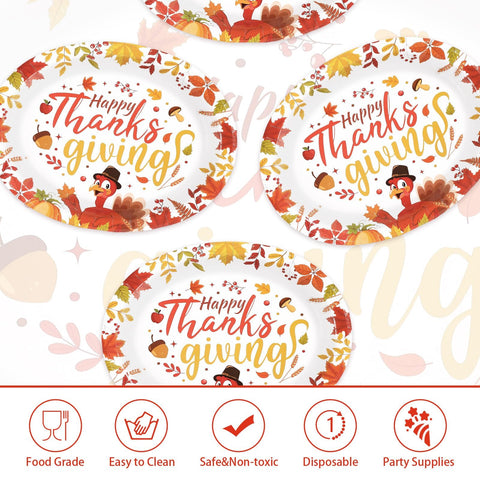50Pcs Fall Leaves Turkey Oval Paper Plates - Grencian
