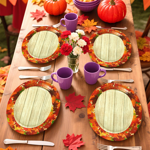 50Pcs Fall Maple Leaves Oval Paper Plates - Grencian