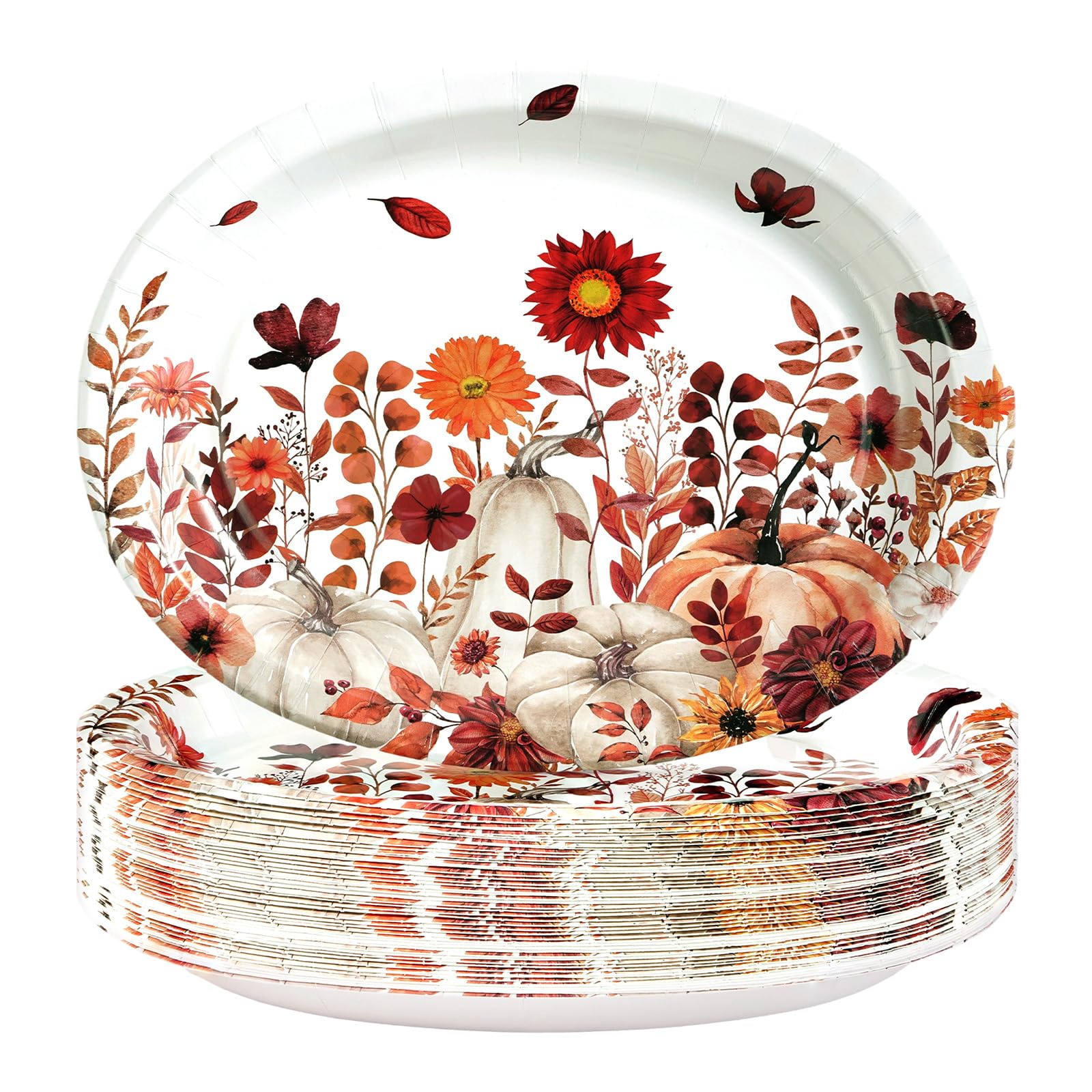 50Pcs Fall Red Wildflower Oval Paper Plates - Grencian