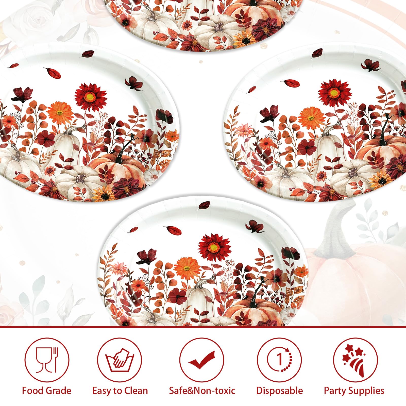 50Pcs Fall Red Wildflower Oval Paper Plates - Grencian