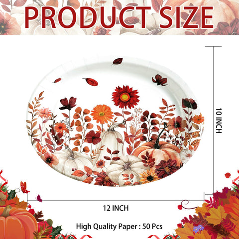50Pcs Fall Red Wildflower Oval Paper Plates - Grencian