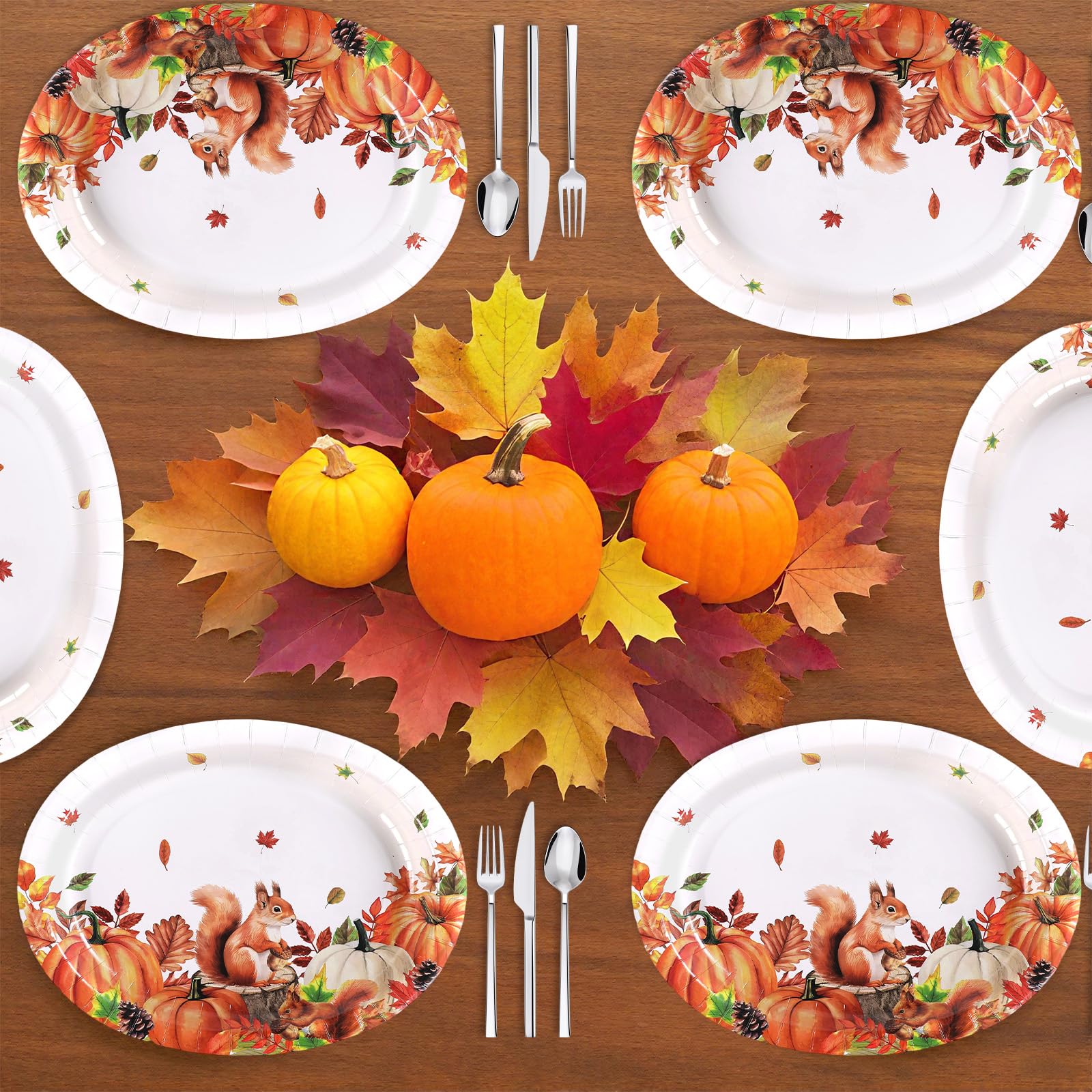 50Pcs Fall Squireel Oval Paper Plates - Grencian
