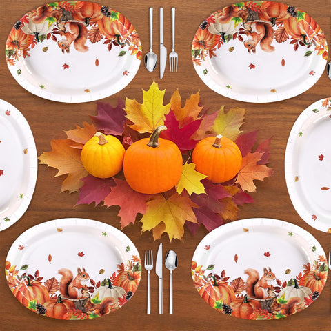 50Pcs Fall Squireel Oval Paper Plates - Grencian
