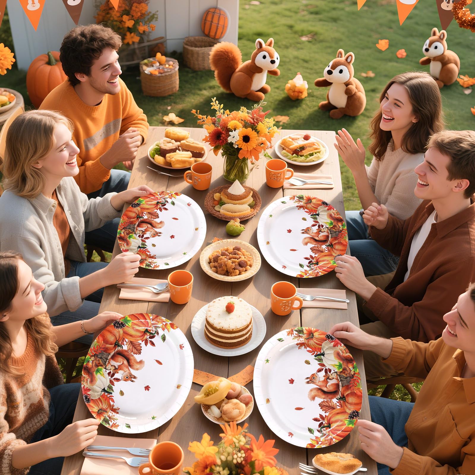 50Pcs Fall Squireel Oval Paper Plates - Grencian