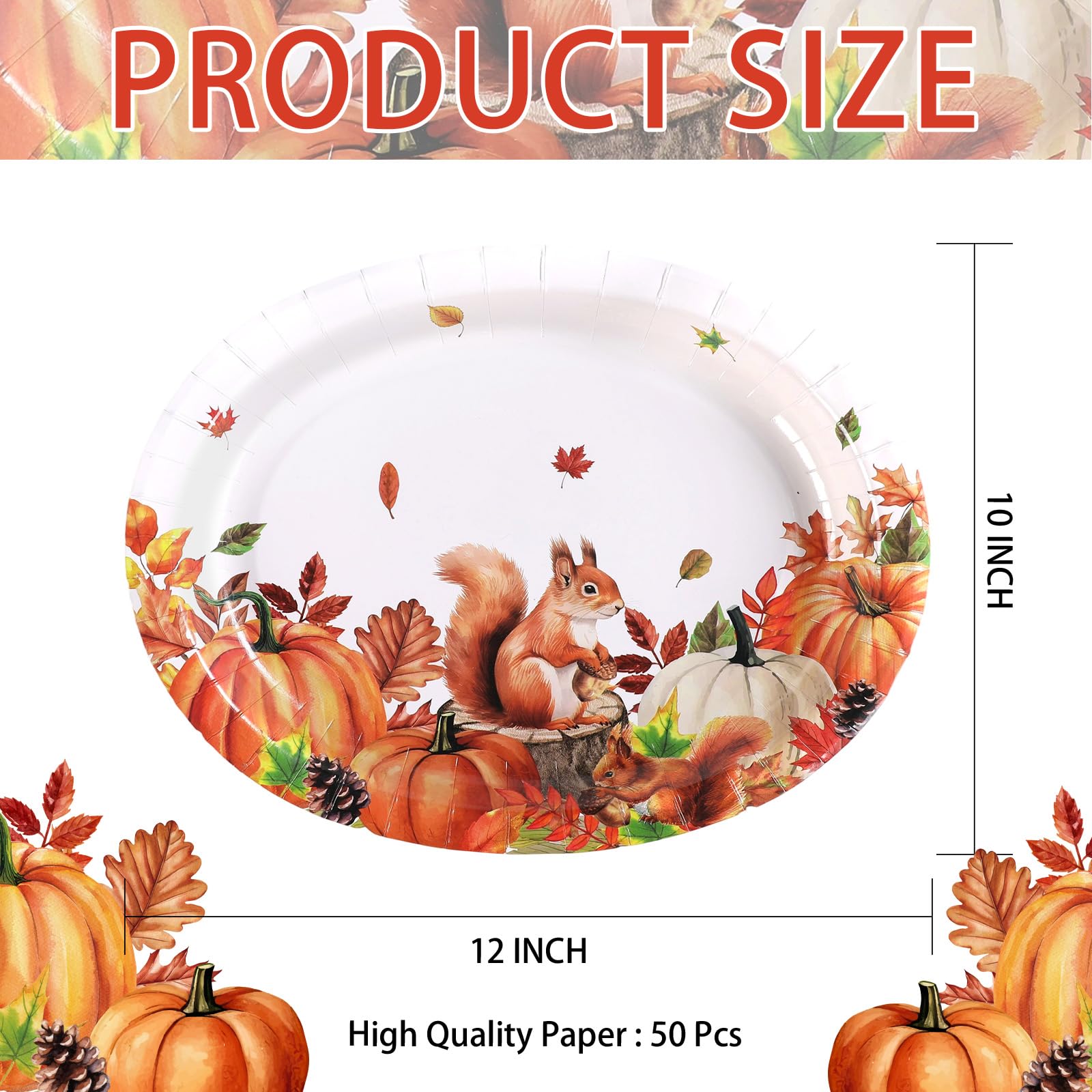 50Pcs Fall Squireel Oval Paper Plates - Grencian
