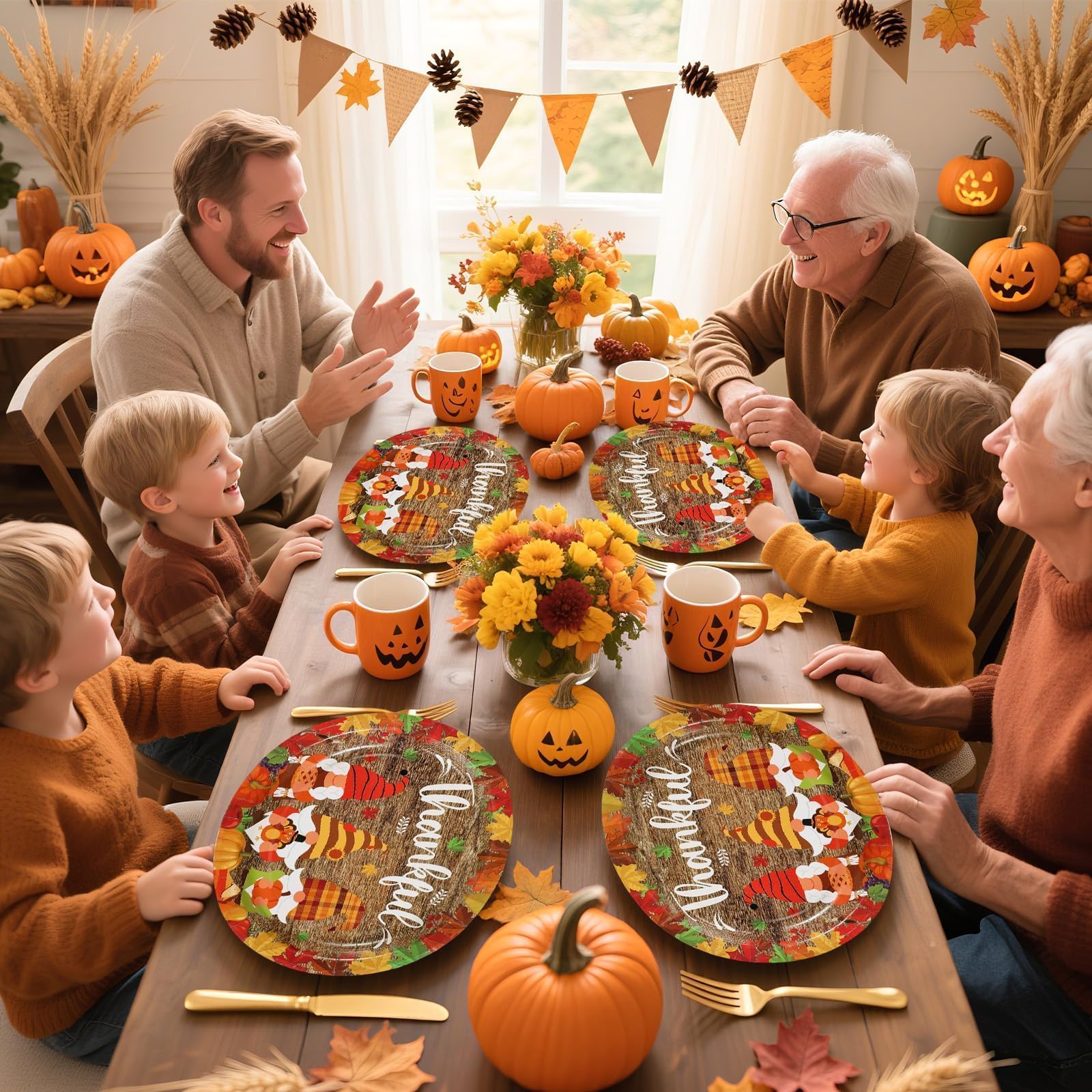 50Pcs Fall Thanksgiving Gnome Oval Paper Plates - Grencian