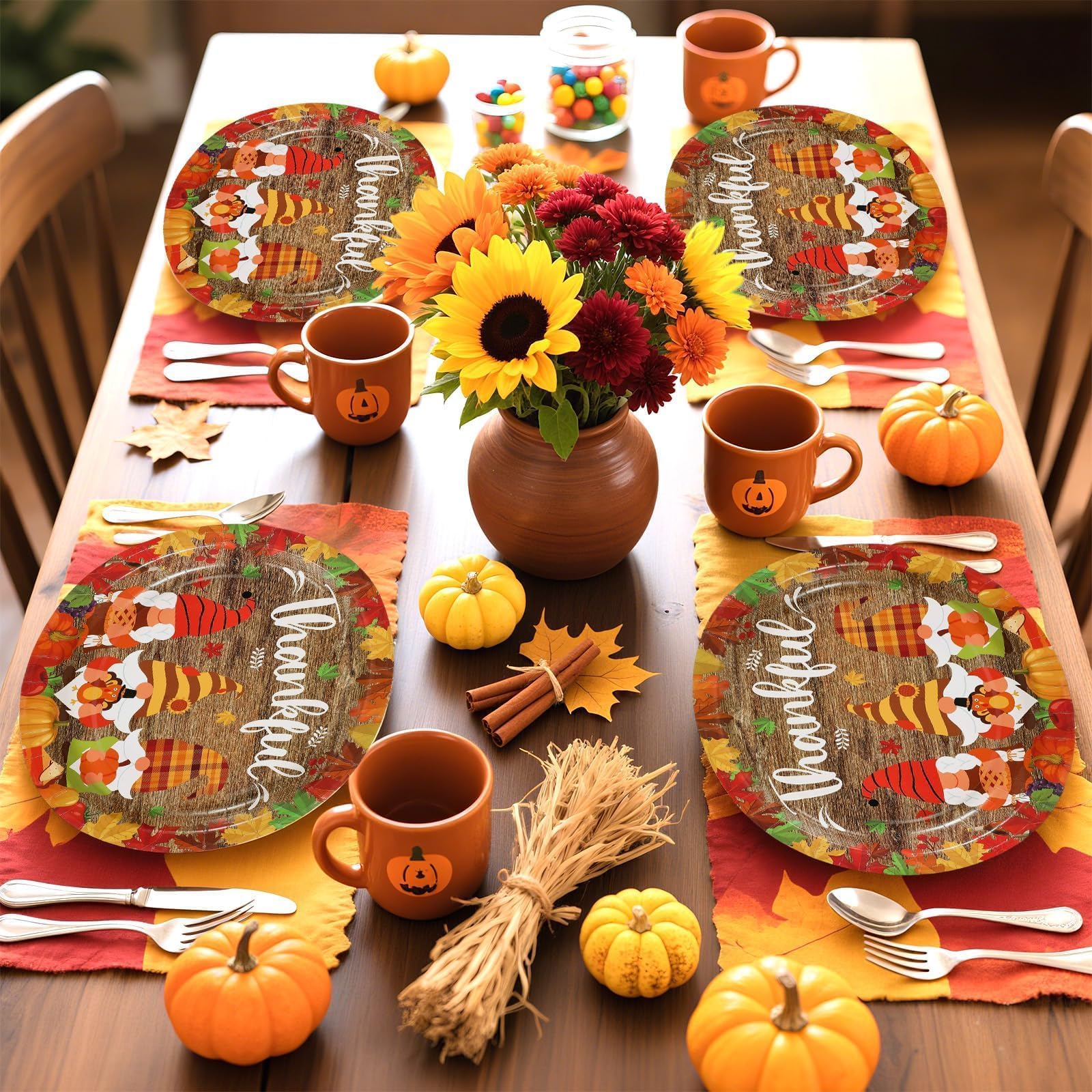 50Pcs Fall Thanksgiving Gnome Oval Paper Plates - Grencian