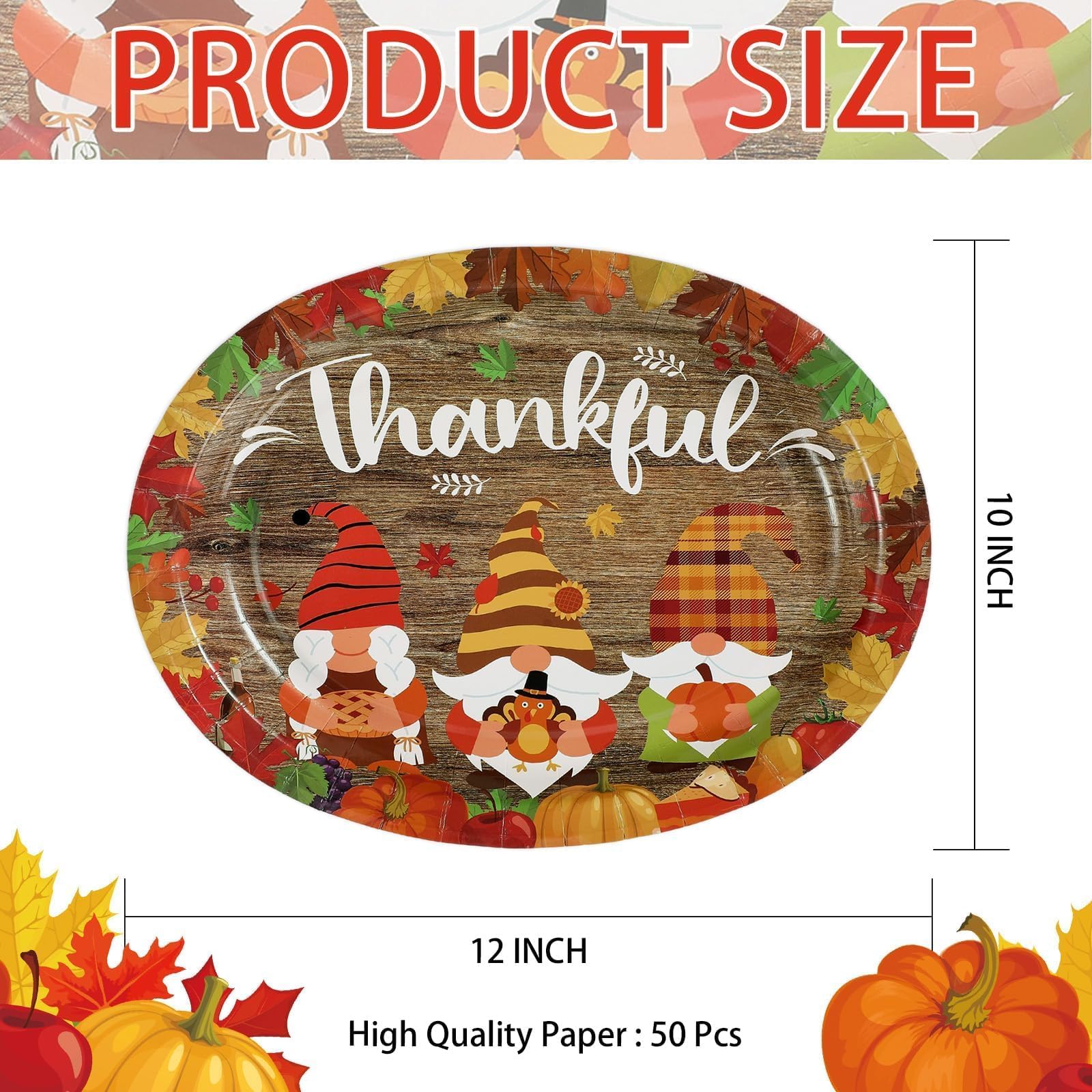 50Pcs Fall Thanksgiving Gnome Oval Paper Plates - Grencian