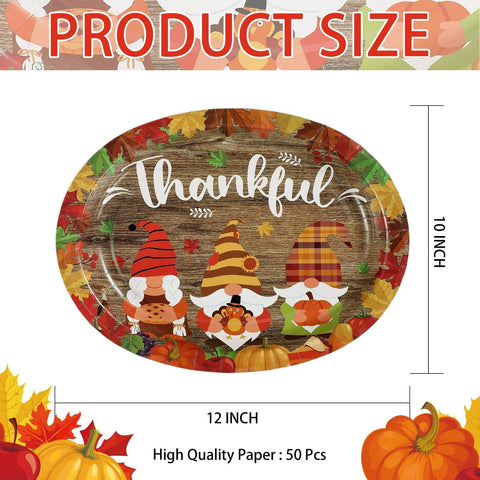 50Pcs Fall Thanksgiving Gnome Oval Paper Plates - Grencian
