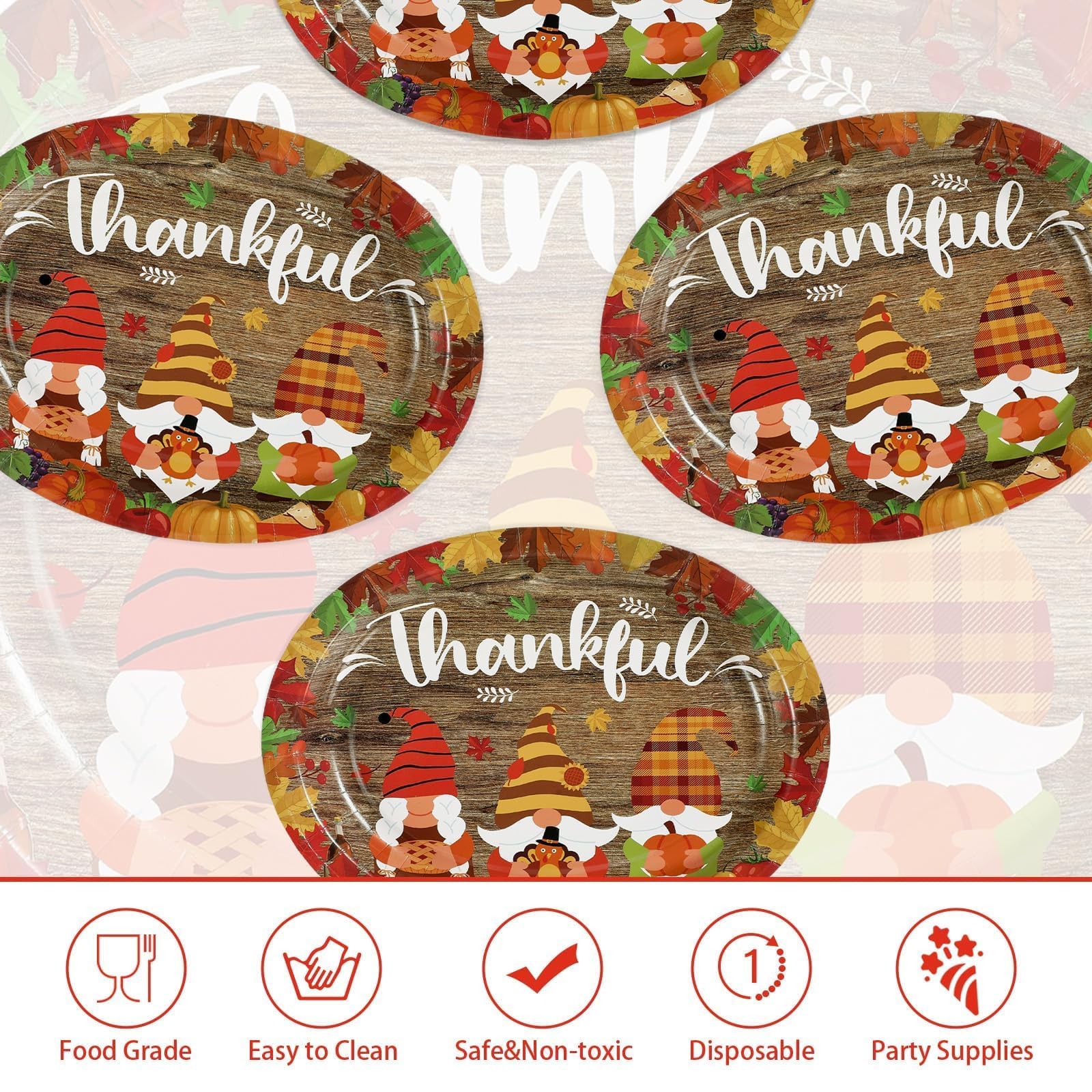 50Pcs Fall Thanksgiving Gnome Oval Paper Plates - Grencian