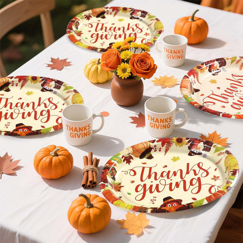 50Pcs Fall Turkey Pumpkin Oval Paper Plates - Grencian