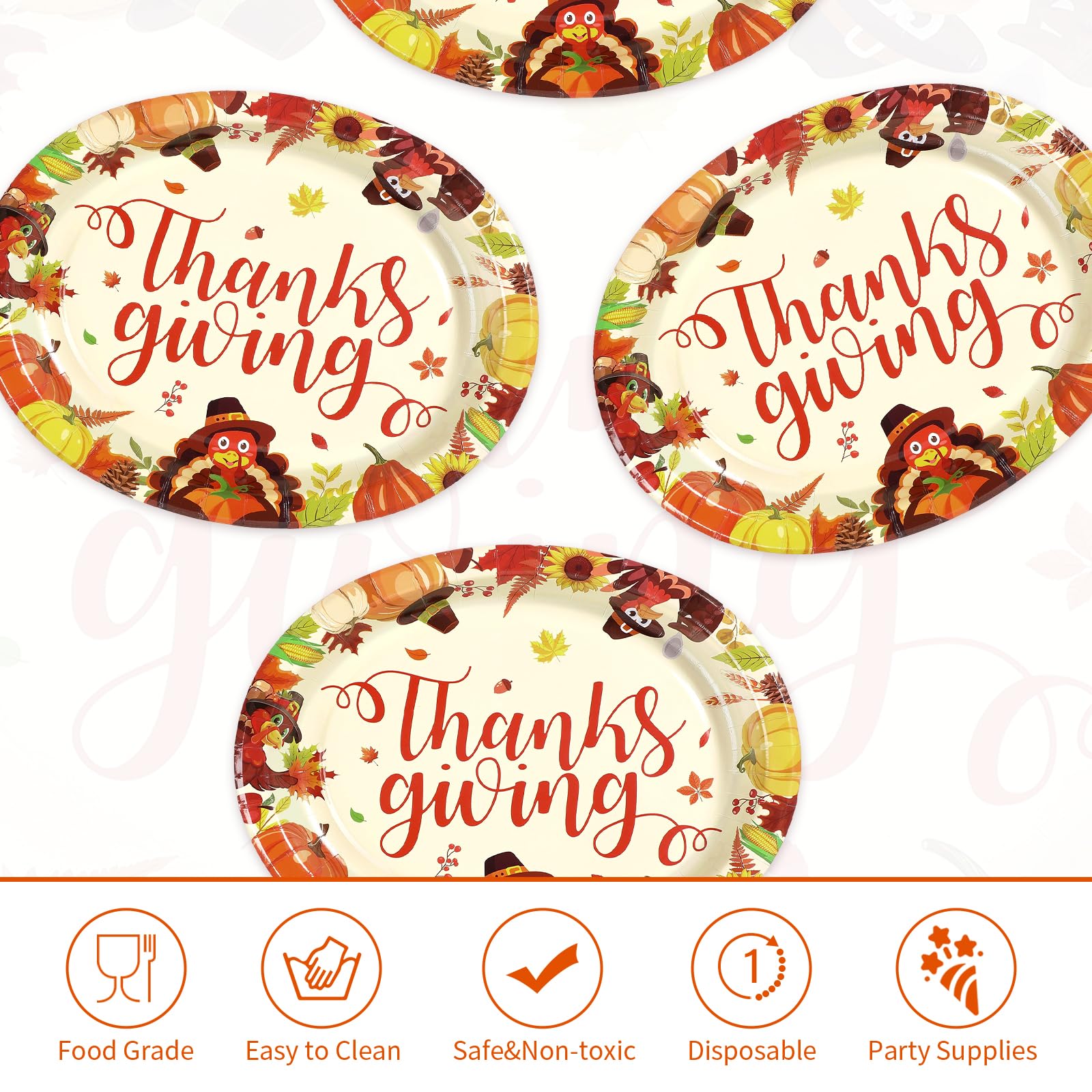 50Pcs Fall Turkey Pumpkin Oval Paper Plates - Grencian